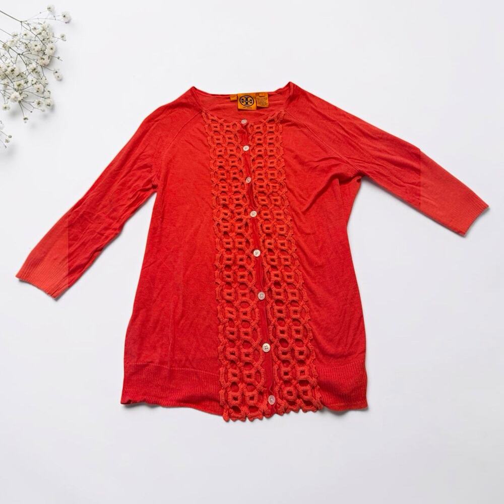 TORY BURCH Cardigan Sweater Orange Knit Button Front Lightweight Scoop Neck